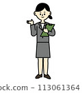 Business illustration of a woman in a suit standing with a tablet, full body 113061364