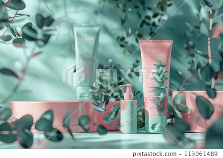 A display of three beauty products, including a bottle of lotion with Generative AI 113061489
