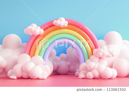 A colorful rainbow is drawn on a blue background with clouds in the sky with Generative AI 113061502