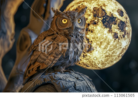 A large owl is perched on a branch in front of a full moon with Generative AI 113061505