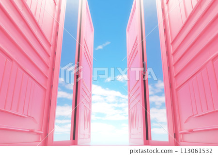 Futuristic illustration with pink open doors and blue sky with white fluffy clouds. Generated by AI. Futuristic illustration with pink open doors and blue sky with white fluffy clouds. Generated by AI. 113061532