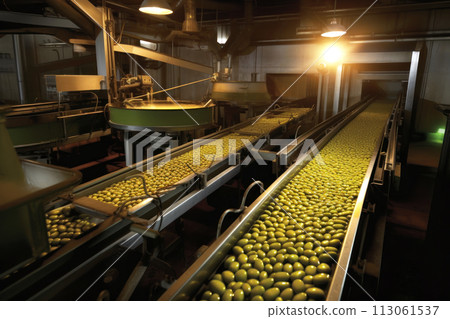 Olive processing plant. A room with mechanical conveyors for sorting the fruits of olive trees. Generated by AI. 113061537