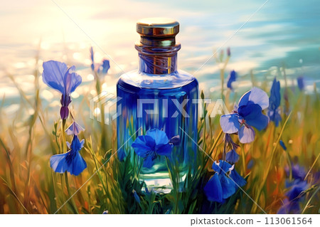 Exquisite blue glass bottle with flax oil. A transparent beautiful flacon with a shiny lid. Generated by AI. 113061564