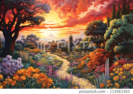 Digital illustration of a picturesque garden and sunset with a bright big sun and beautiful red clouds. Generated by AI. 113061565