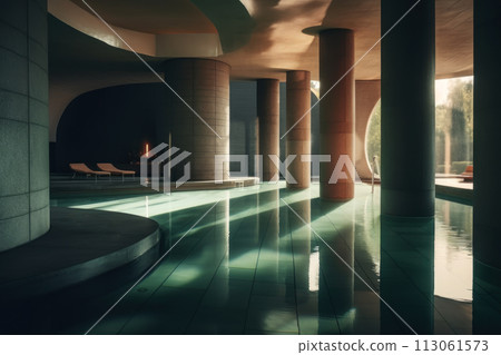 Futuristic modern interior of a spa hotel with a swimming pool. Generated by AI. 113061573