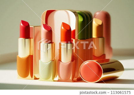 Stylish composition with colorful lipsticks. Mock-ups of different clean containers of lip cosmetics. Generated by AI. 113061575