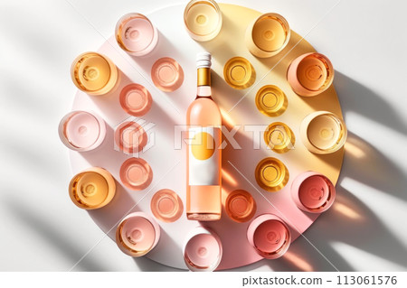 Exquisite glass bottle of rose wine with an empty label lies on a round table. Generated by AI. 113061576