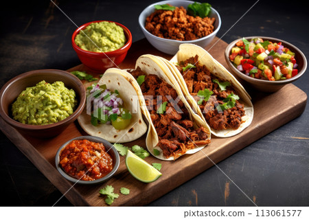 Traditional Mexican dish. Delicious tacos with guacamole and chili. Generated by AI. 113061577