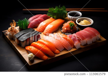 Traditional Japanese dish on a black background. Delicious fresh rolls, sushi, sashimi with soy sauce and lemon. Generated by AI. 113061579