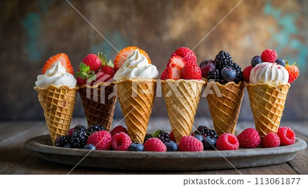 A vibrant assortment of creamy, pastel-colored ice cream flavors, each nestled in a crispy waffle cone and topped with a medley of fresh berries and fruits. 113061877