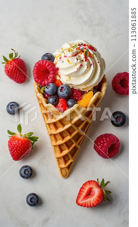 A vibrant assortment of creamy, pastel-colored ice cream flavors, each nestled in a crispy waffle cone and topped with a medley of fresh berries and fruits. 113061885