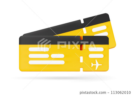 3D cartoon couple of airplane tickets isolated on white background. Booking service, travel by plane, trip or tourism concept. Vector illustration of 3d render. 3D cartoon couple of airplane tickets isolated on white background. Booking service, travel by plane, trip or tourism concept. Vector illustration of 3d render. 113062010