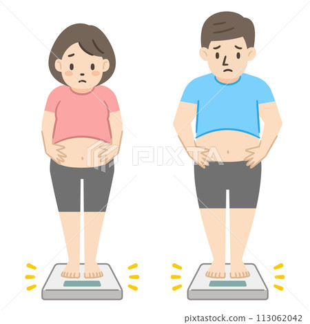 Illustration of an obese man and woman standing on a scale 113062042