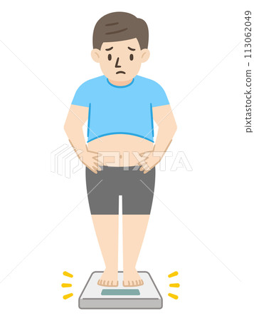 Illustration of an obese man standing on a scale 113062049