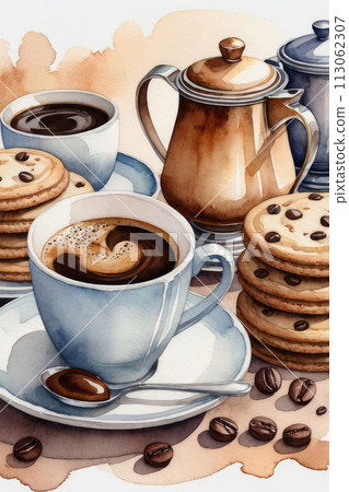 Watercolor composition with Turkish coffee pot, cookies, coffee beans and coffee cups on a white background. 113062307