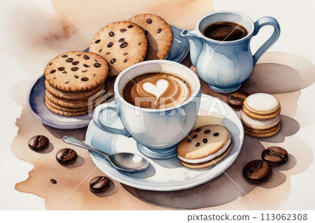 Composition with Turkish coffee pot, cookies, coffee beans and coffee cups on a white background watercolor style. 113062308