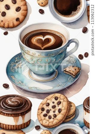 Composition with Turkish coffee pot, cookies, coffee beans and coffee cups on a white background watercolor style. 113062312