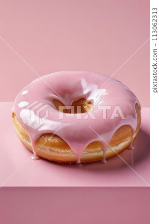 Glazed sprinkled sweet donuts on pastel pink background. 113062313