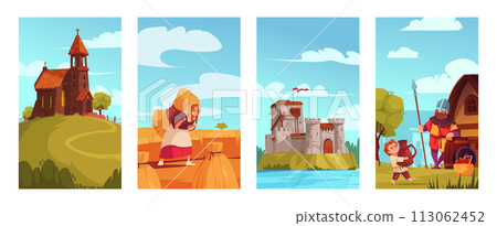 Hand drawn flat medieval scenes card set Hand drawn flat medieval scenes card set 113062452