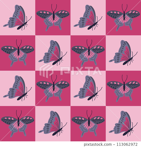 Contrast geometric seamless pattern with butterfly. Flat hand drawn insects in contrast squares. Unique retro print design for textile, wallpaper, interior, wrapping. Spring concept 113062972