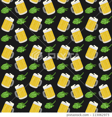 Flat beer mug seamless pattern. Dark theme. Hand drawn beer glass and hops on black background. St Patricks day traditional concept. Unique print design for textile, wallpaper, wrapping Flat beer mug seamless pattern. Dark theme. Hand drawn beer glass and hops on black background. St Patricks day traditional concept. Unique print design for textile, wallpaper, wrapping 113062973