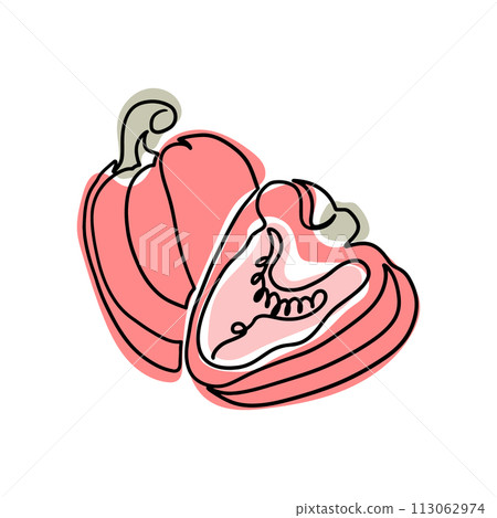Vintage one line drawing of peppers in boho style. Botanical outline retro drawing. Contour line outline composition isolated on white background. 113062974