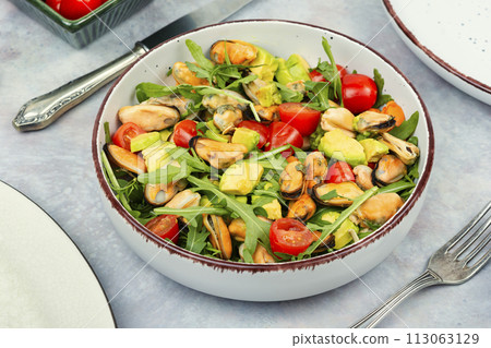 Seafood salad with mussels. Seafood salad with mussels. 113063129
