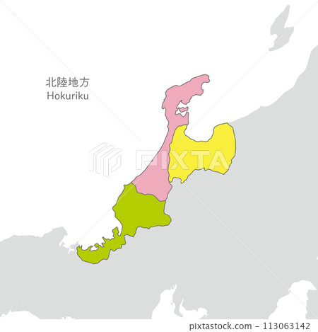 Map of the Hokuriku region and each prefecture in the Hokuriku region, colorful and bright 113063142
