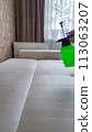 A professional sprays cleaning agent on a white orthopedic sofa to remove stains 113063207