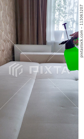 A professional sprays cleaning agent on a white orthopedic sofa to remove stains A professional sprays cleaning agent on a white orthopedic sofa to remove stains 113063207