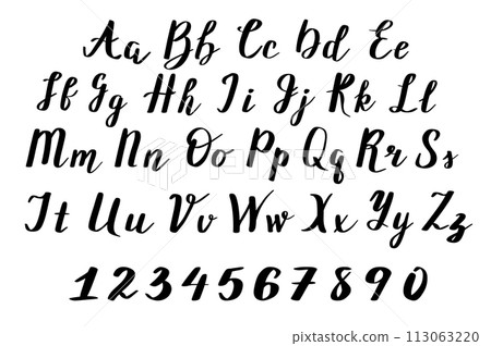 Hand drawn alphabet with capital letters. Lettering font. Numbers and letters. Hand drawn alphabet with capital letters. Lettering font. Numbers and letters. 113063220