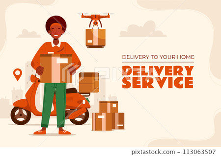 Flat delivery background with a delivery man with his motorbike 113063507