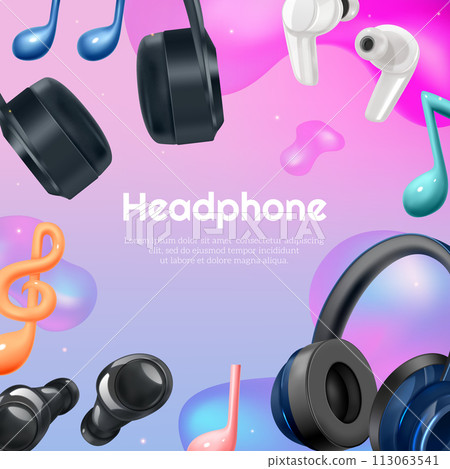 Modern gradient music frame with headphones and abstract shapes background 113063541