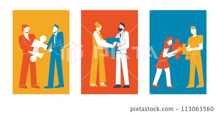 Hand drawn business teamwork illustration set with characters collaborating 113063560