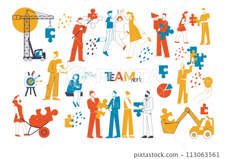 Hand drawn business teamwork characters collection collaborating with big puzzle pieces Hand drawn business teamwork characters collection collaborating with big puzzle pieces 113063561