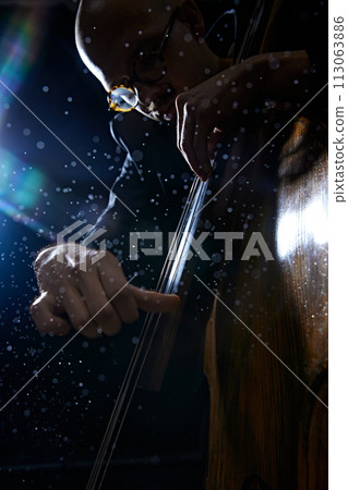 Male musician playing double bass against black background with lights elements. Classical music performance. 113063886