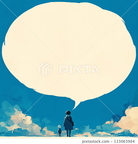 Back view of parents and children walking as a family and speech bubbles of parents talking 113063984