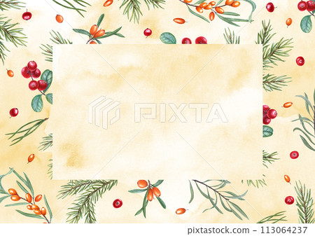 Rectangular frame of cowberries, sea buckthorn, spruce branch. Autumn ripe berries, evergreen. Illustration on watercolor background. For postcard design, invitation, greeting. Space for text. Rectangular frame of cowberries, sea buckthorn, spruce branch. Autumn ripe berries, evergreen. Illustration on watercolor background. For postcard design, invitation, greeting. Space for text. 113064237