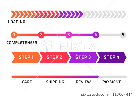 Progress bar. Infographic design. Loading process. Measurement line. Complete diagram. Sequence steps. Business presentation. Shopping phases scale. Chart numbers. Vector data indicator elements set 113064414
