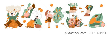 Money finance. Business invest. Financial family wealth. Economic growth. Rich people. Investment success. Student saving cash for education. Gold coins tree. Income calculate. Vector concepts set 113064451