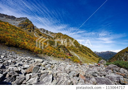 Mt. Kitahotaka seen from Karasawa Curl in the Northern Alps with autumn leaves Mt. Kitahotaka seen from Karasawa Curl in the Northern Alps with autumn leaves 113064717