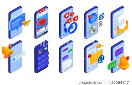 Isometric smartphones with social media notifications illustration collection 113064847