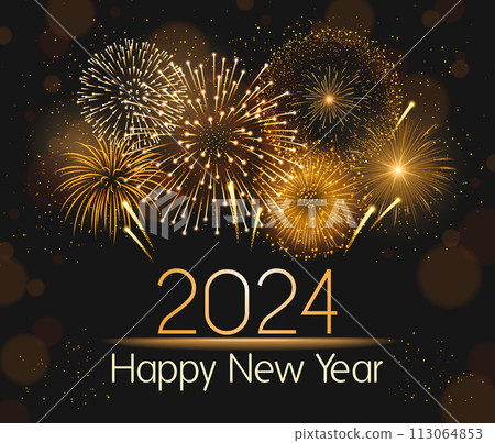Realistic shiny golden fireworks background on dark sky for New Year 2024 113064853