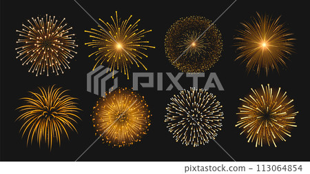 Realistic shiny golden fireworks collection on dark background Realistic shiny golden fireworks collection on dark background 113064854
