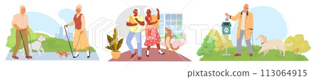 Happy elderly and pet animals activity vector illustration set 113064915