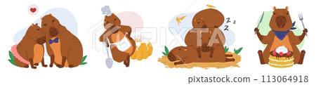 Happy capybara characters doing different things set 113064918
