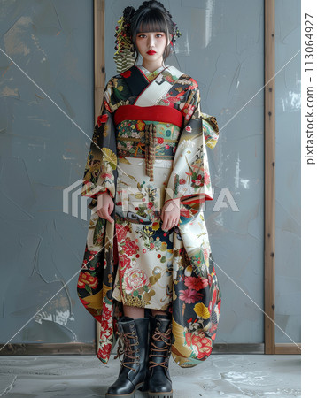 A female model wearing leather boots and a long-sleeved sleeve with a floral pattern 113064927