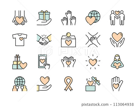 一組與慈善和志願服務、顏色相關的線條圖標 113064938