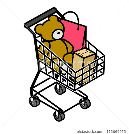 Shopping cart with luggage stuffed toy - isometric with main lines 113064953