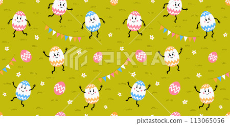 Happy Easter seamless pattern with cute egg characters on a green lawn. 113065056
